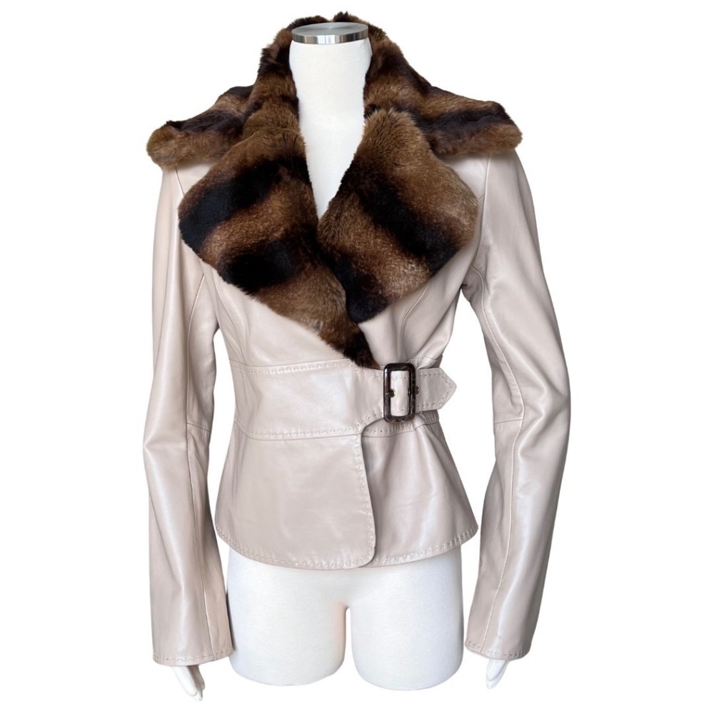 Cache Tan Leather Fitted Jacket W/Removable Fur Collar Size 10 NWT Rare Find!! - Picture 7 of 11